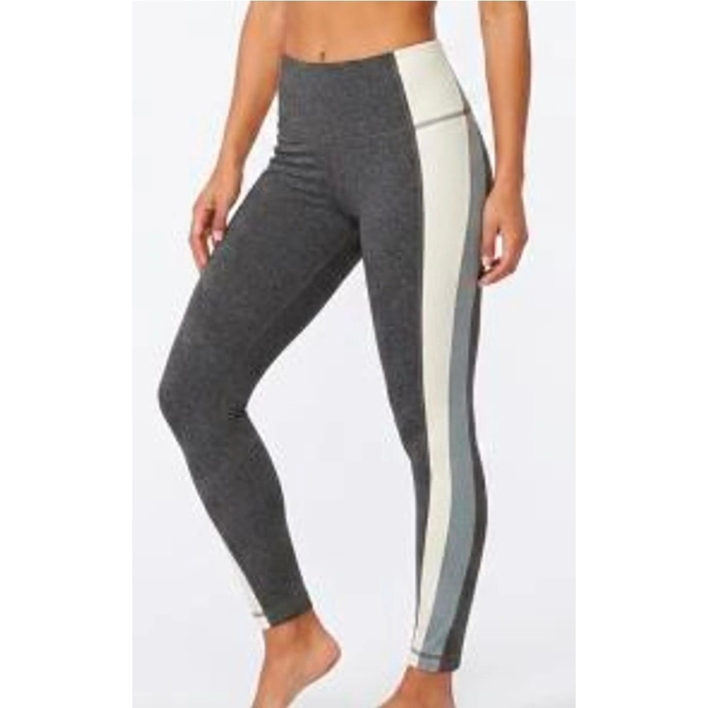 Athleta High Rise Colorblock Stripe Leggings Gray Cream Blue Yoga Tights L